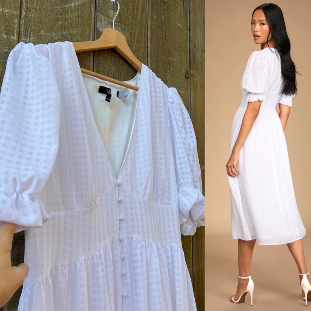 White Gingham Puff Sleeve Button-Up Midi Dress 🌿 - Picture 3 of 8